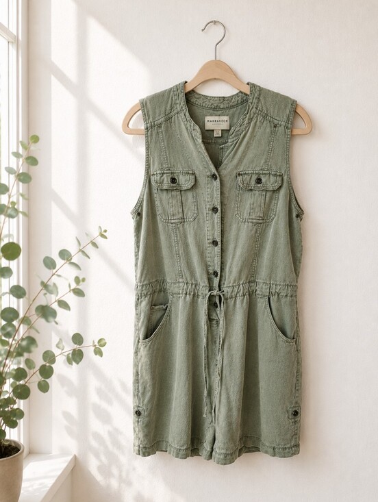 Marrakech Pants - Marrakech Anthropologie Women L Green Linen Blend Utility Romper Drawstring